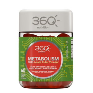 360 Nutrition Metabolism Gummies displayed in a clear container with colorful gummy supplements on a white background.