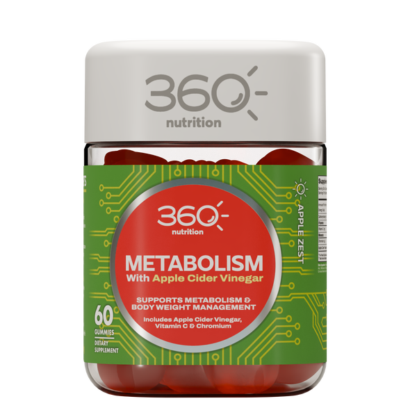 360 Nutrition Metabolism Gummies displayed in a clear container with colorful gummy supplements on a white background.