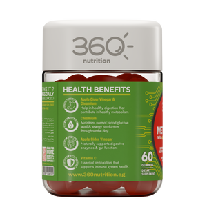 360 Nutrition Metabolism Gummies featuring colorful fruit-flavored gummies in a clear container.