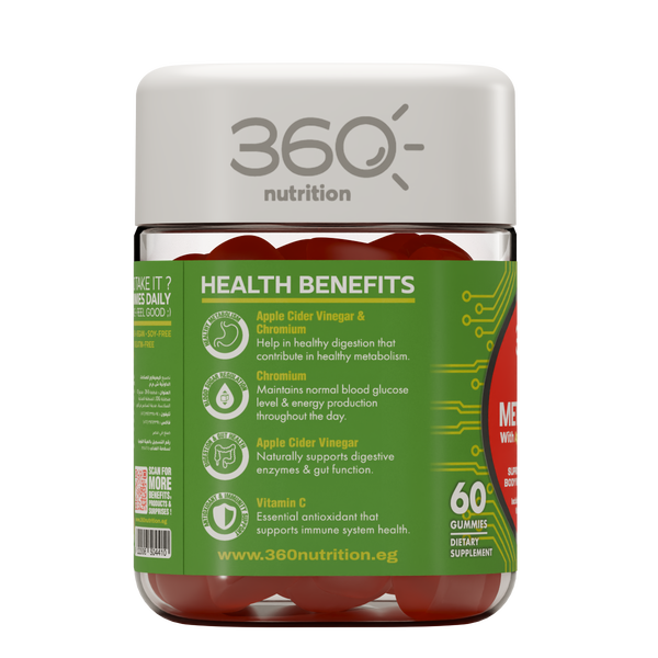 360 Nutrition Metabolism Gummies featuring colorful fruit-flavored gummies in a clear container.