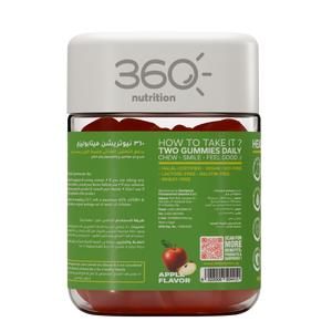 360 Nutrition Metabolism Gummies with vibrant fruit flavors, shown in a clear container with colorful gummies inside.