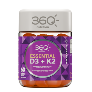 Bottle of 360 Nutrition Essential D3 + K2 supplement with vitamin capsules on a white background