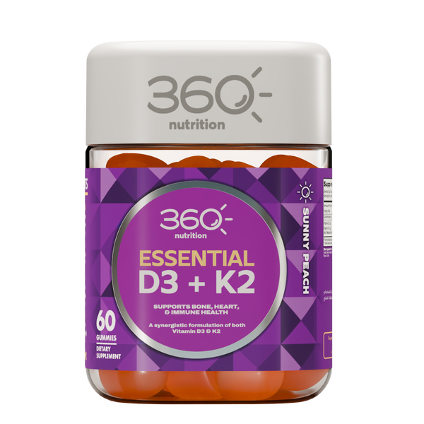 Bottle of 360 Nutrition Essential D3 + K2 supplement with vitamin capsules on a white background