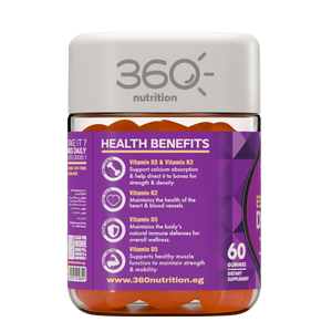 Bottle of 360 Nutrition Essential D3 + K2 dietary supplement with capsules in a clear container.