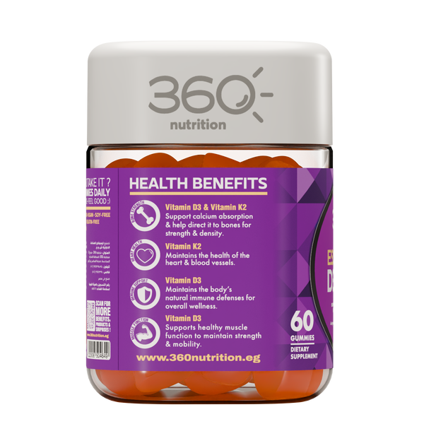 Bottle of 360 Nutrition Essential D3 + K2 dietary supplement with capsules in a clear container.