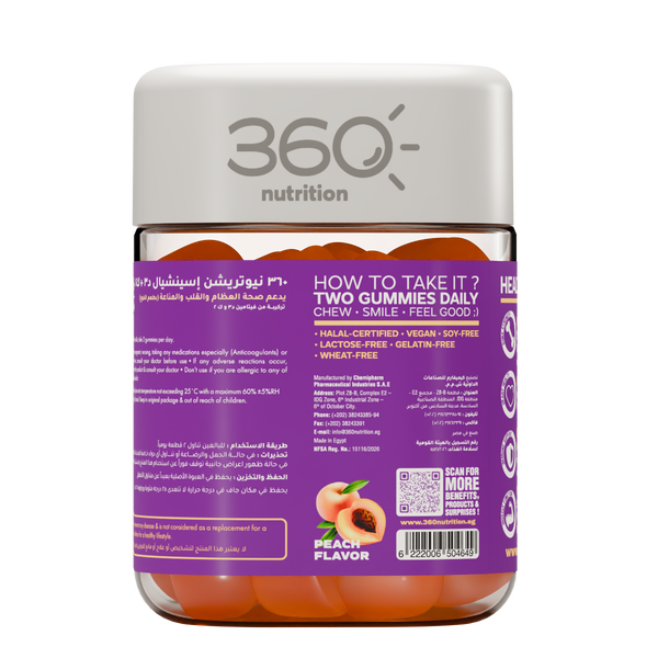 Bottle of 360 Nutrition Essential D3 + K2 dietary supplement with label showing vitamin capsules inside.