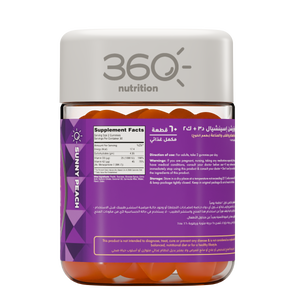 Bottle of 360 Nutrition Essential D3 + K2 supplement with capsules in clear bottle on a white background