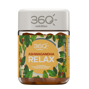 360 Nutrition Ashwagandha Relax gummies in a clear bottle, showing soft, chewable ashwagandha supplement gummies.