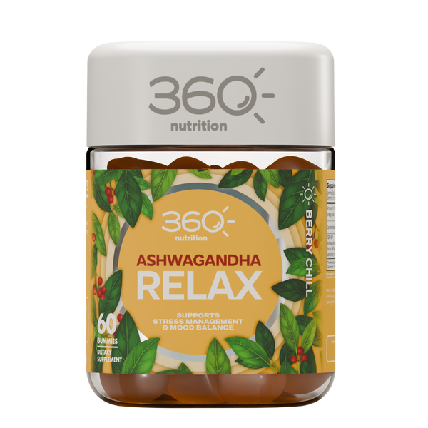 360 Nutrition Ashwagandha Relax gummies in a clear bottle, showing soft, chewable ashwagandha supplement gummies.