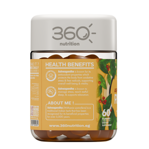 360 Nutrition Ashwagandha Relax gummies with natural ashwagandha root extract, displayed in a clear bottle on a white background.