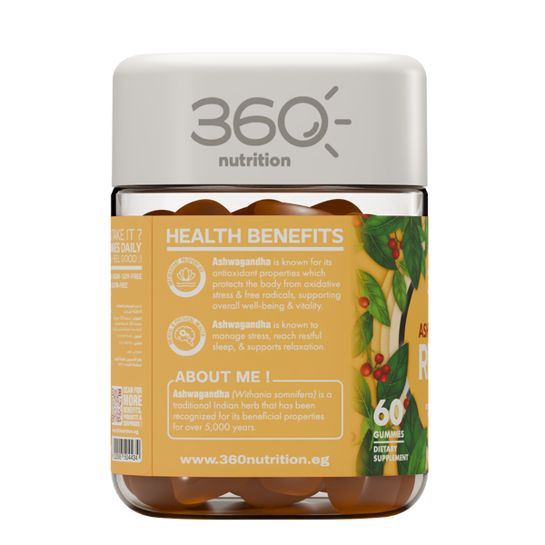 360 Nutrition Ashwagandha Relax gummies with natural ashwagandha root extract, displayed in a clear bottle on a white background.