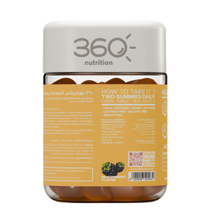 360 Nutrition Ashwagandha Relax gummies featuring natural ashwagandha root extract in a resealable jar.